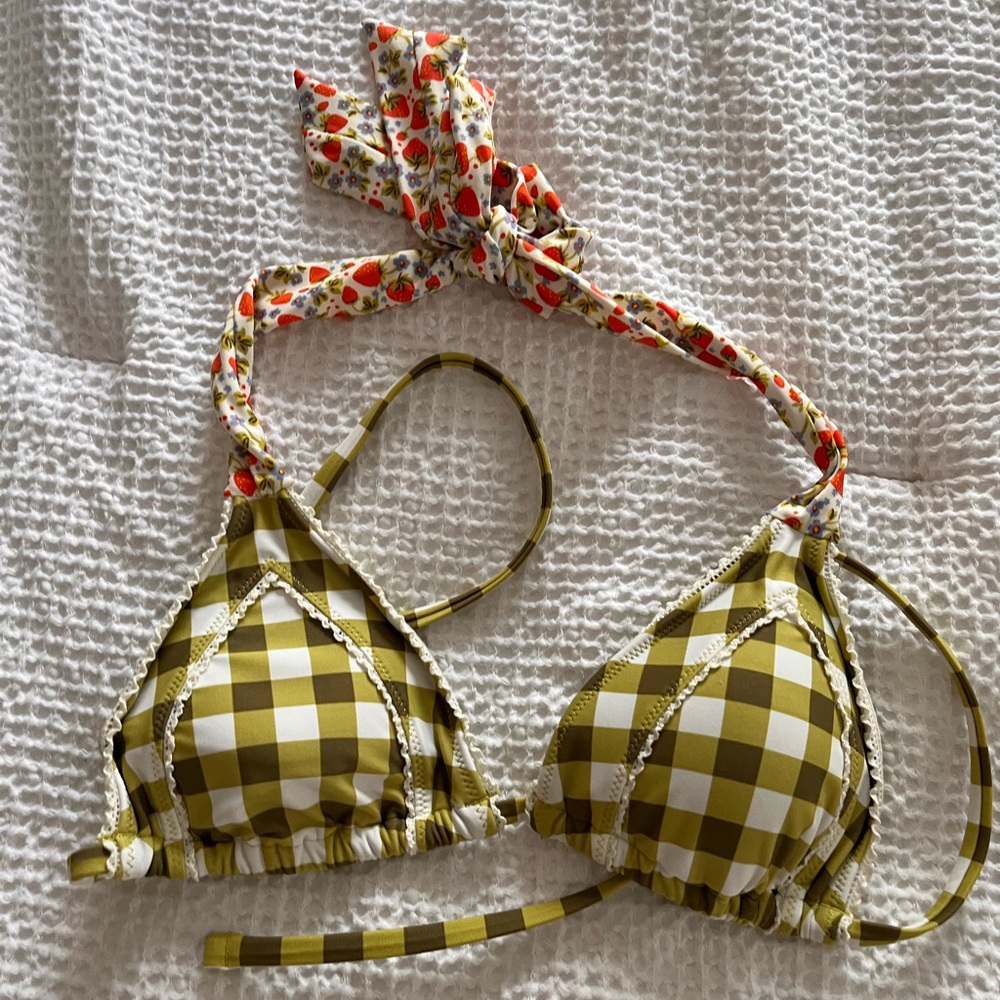 Gingham Triangle Bikini Top with strawberry Tie